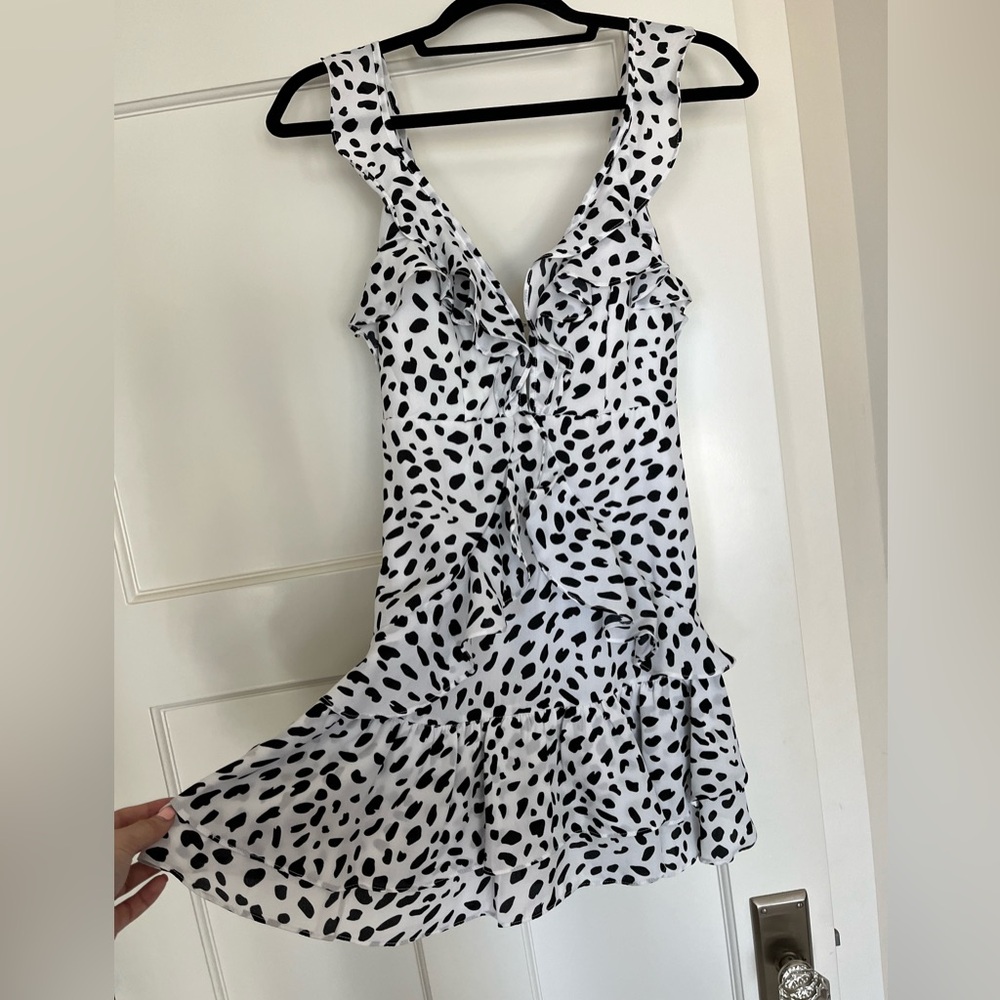 White and Black Polka Dot Ruffle Mini Dress